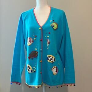 Like new! Vintage Storybook Knits fish sequin sweater LARGE L Teacher Classroom